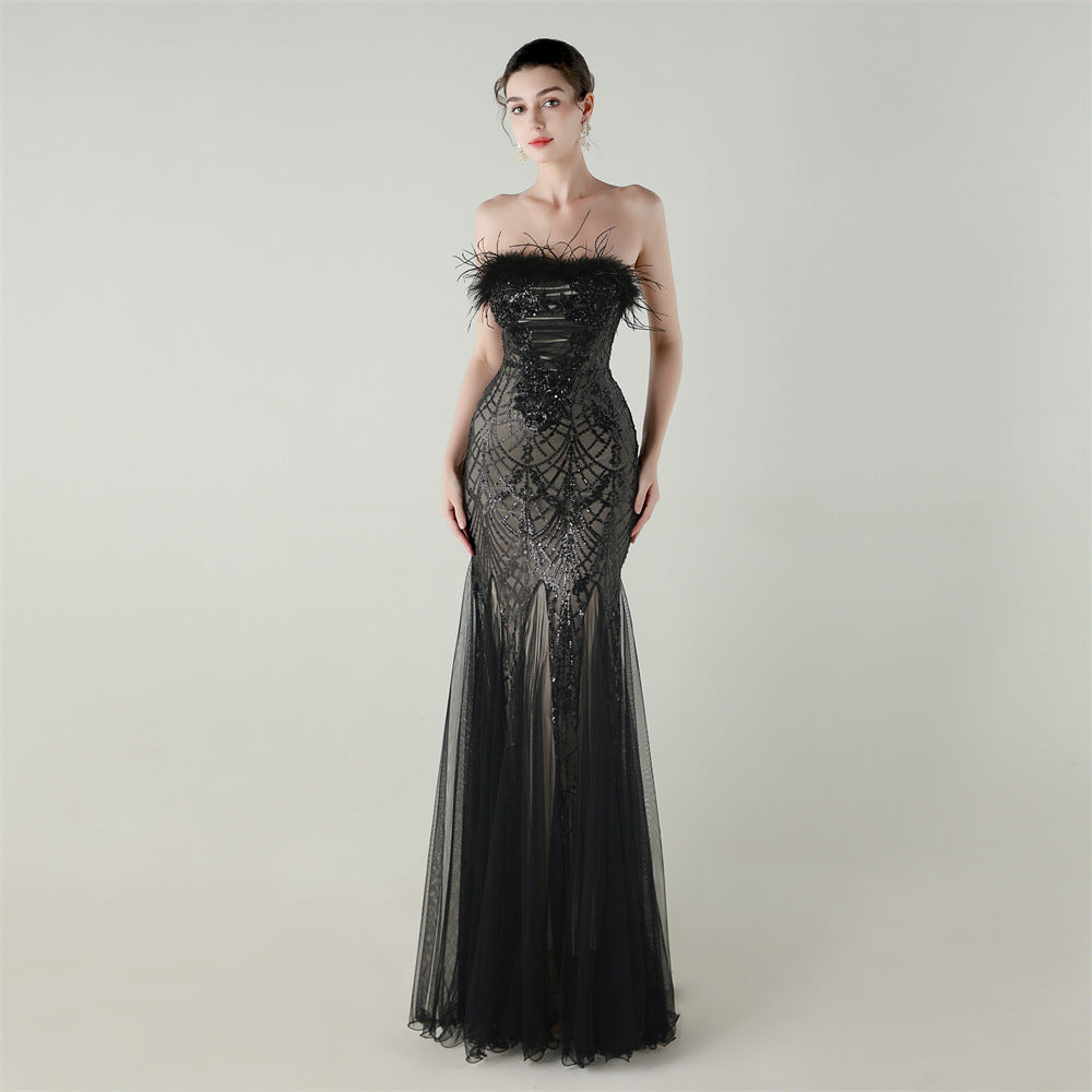 Sequin Beaded Tube Floral Ostrich Feather Tube Top Cross Strap Mesh Fishtail Evening Dress Cocktail Wedding