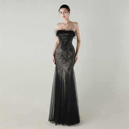 Sequin Beaded Tube Floral Ostrich Feather Tube Top Cross Strap Mesh Fishtail Evening Dress Cocktail Wedding