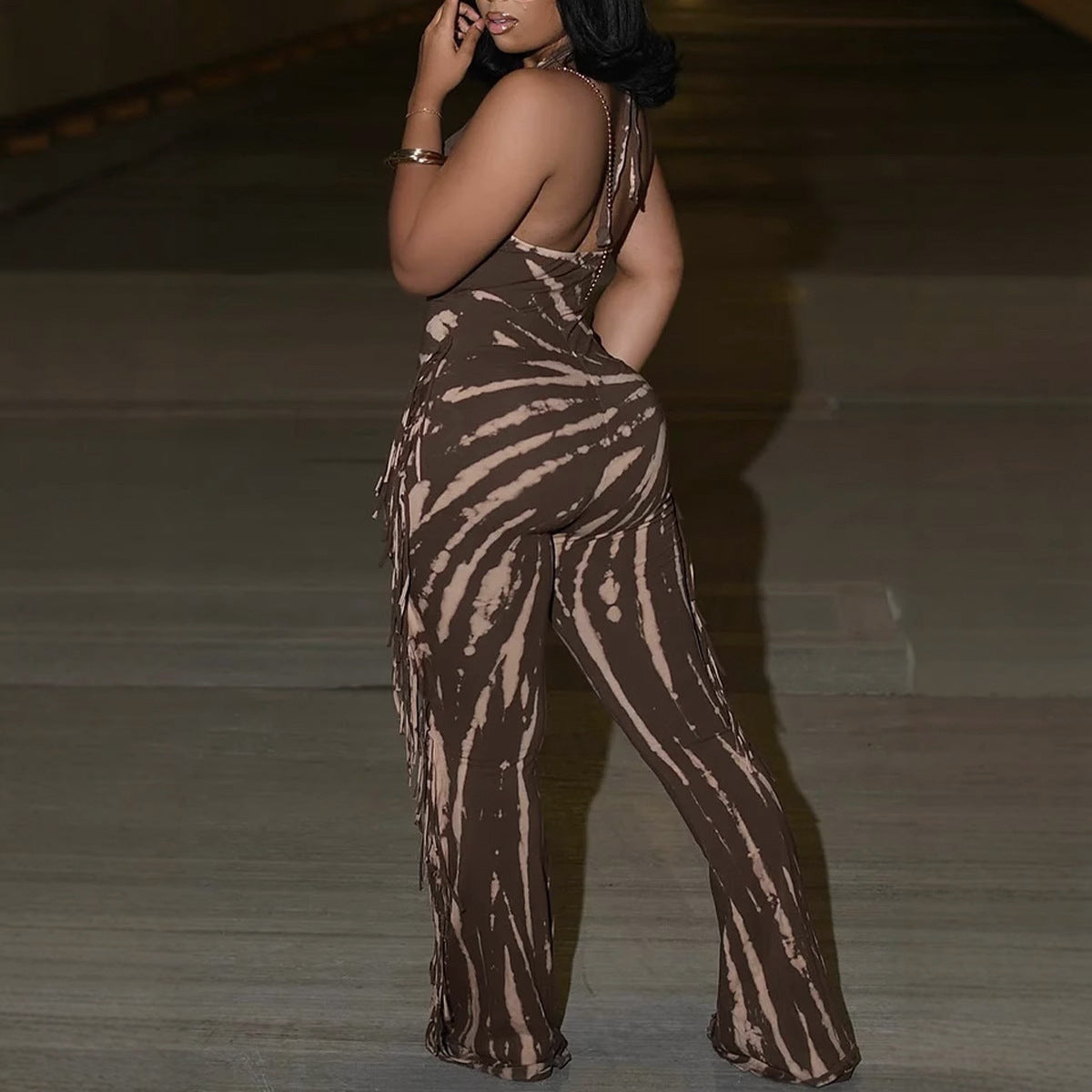 Elegant Sexy Slim Fit Stretch Backless Tassel Printed Halter Strap Micro Pull Jumpsuit