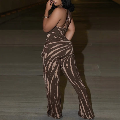 Elegant Sexy Slim Fit Stretch Backless Tassel Printed Halter Strap Micro Pull Jumpsuit