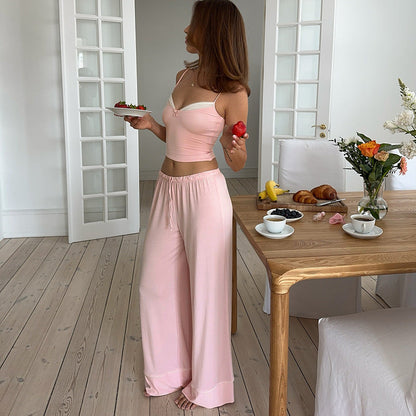 Patchwork Suspender Trousers Waist of Trousers Drawstring Bow Two Piece Sets Pajamas Casual Comfortable Homewear