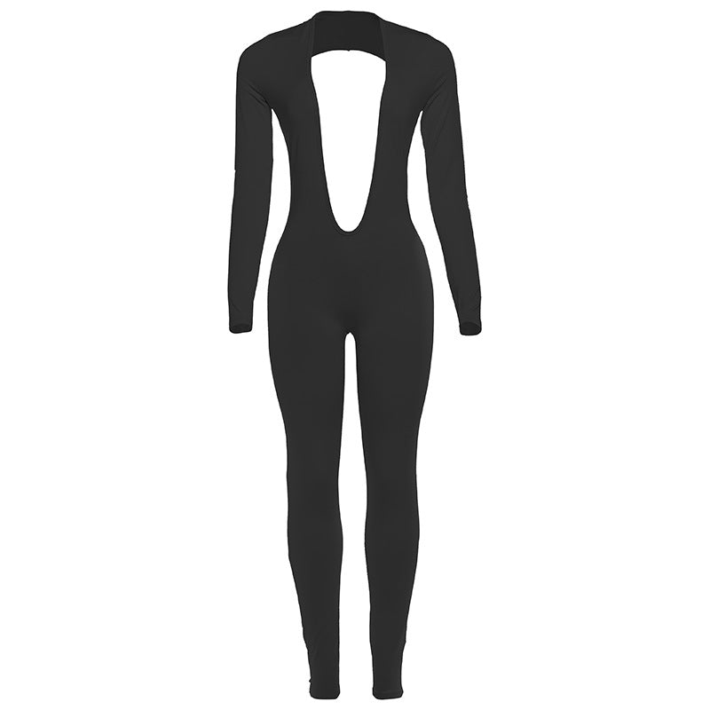 Fall Women Clothing Sexy Backless Deep V Plunge Long Sleeve Solid Color Tight Jumpsuit