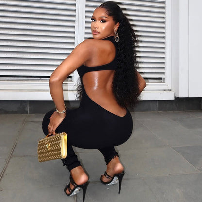 Casual Sports Women Clothing Office Hollow Out Cutout out Tight Solid Color Jumpsuit Backless Low Waist Long Jumpsuit