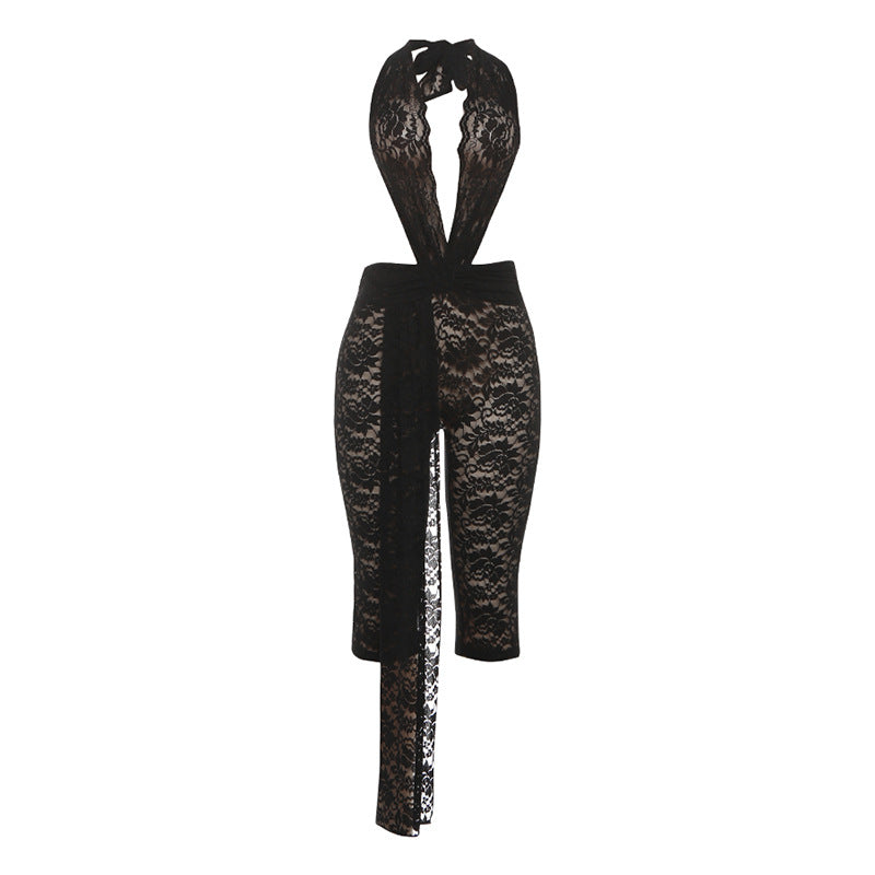 Mono sexy de encaje con cuello halter y espalda descubierta para mujer, con cinta y cintura alta, para otoño e invierno