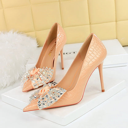 Korean Cocktail High Heels Stiletto Heel Shallow Mouth Pointed Toe Rhinestone Bow Pumps Women