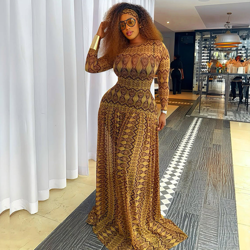 Elegant Retro Women Waist Slimming Micro Transparent A line Printing round Neck Long Sleeved Dress