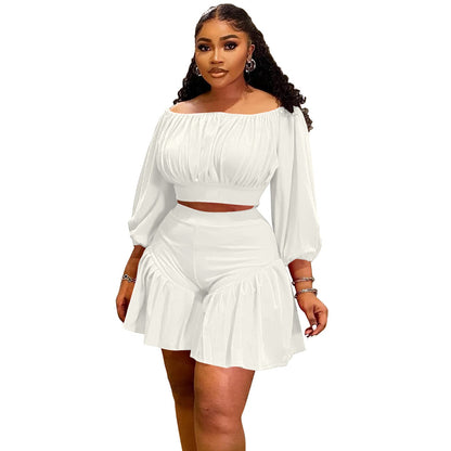 plus Size Women Clothing Pleated off Neck Fluffy Waist Trimming Casual Two Piece Sets