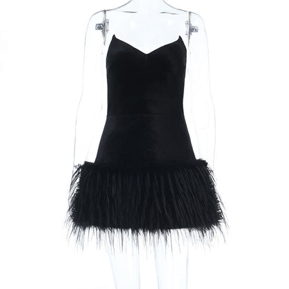 Tube Top Sexy Socialite Furry Hem Short Dress Women
