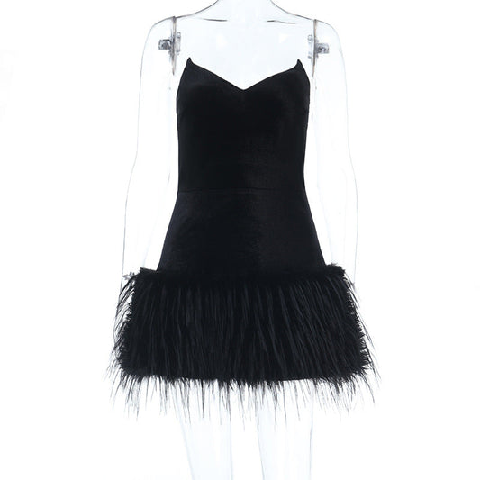 Tube Top Sexy Socialite Furry Hem Short Dress Women