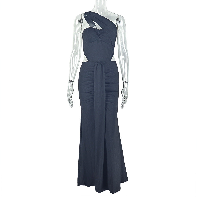 Elegant Women Pleated Solid Color Slim Hip One Shoulder Sexy Sleeveless Maxi Dress