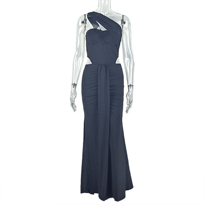 Elegant Women Pleated Solid Color Slim Hip One Shoulder Sexy Sleeveless Maxi Dress