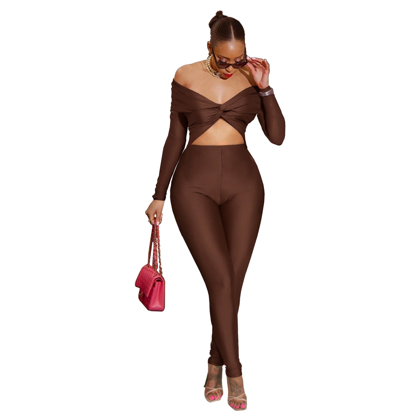 Women Clothing Collared Twist Hollow Out Cutout Cropped Sexy High Waist Long Sleeve Jumpsuit