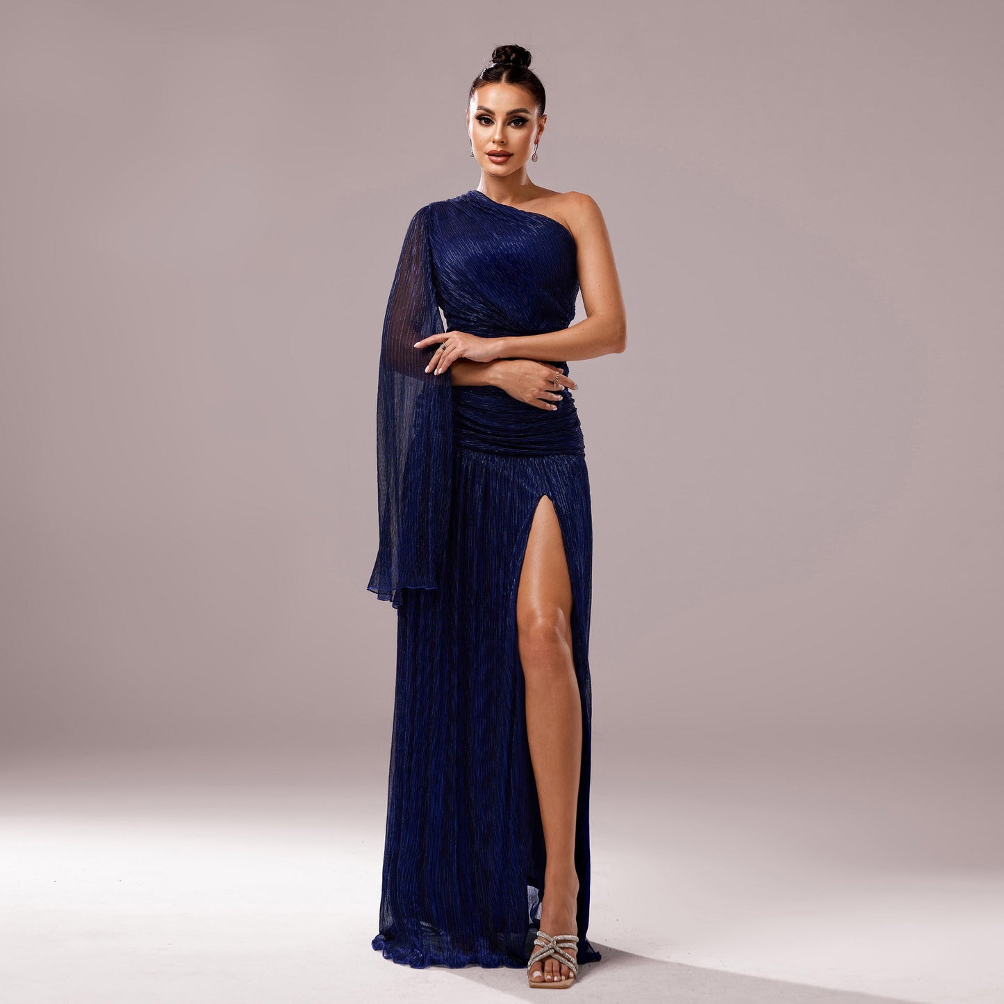 Women Clothing Premium One Shoulder Diagonal Collar Long Sleeve Slim Fit Slit Cocktail Evening Dress