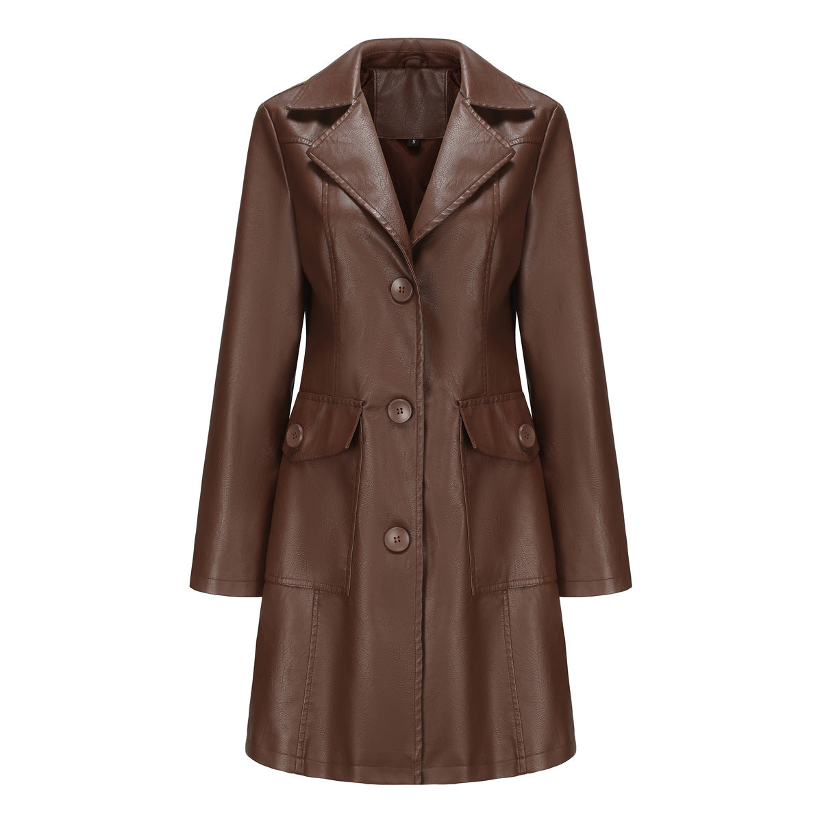 Long Leather Coat Spring Autumn Long Sleeve Leather Wind Coat British Coat Women Collared Single Breasted