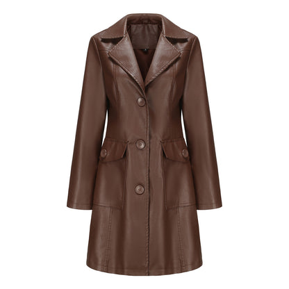 Long Leather Coat Spring Autumn Long Sleeve Leather Wind Coat British Coat Women Collared Single Breasted