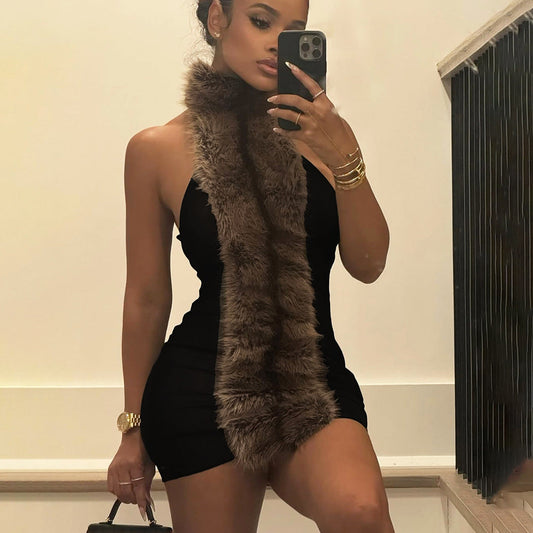 Fall Women Clothing Sexy Halter Backless Plush Stitching Contrast Color Sheath Dress