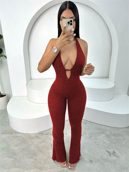 Summer Halter Slim Fit Lace up Backless Sexy Jumpsuit Bell Bottom Pants Jumpsuit Women