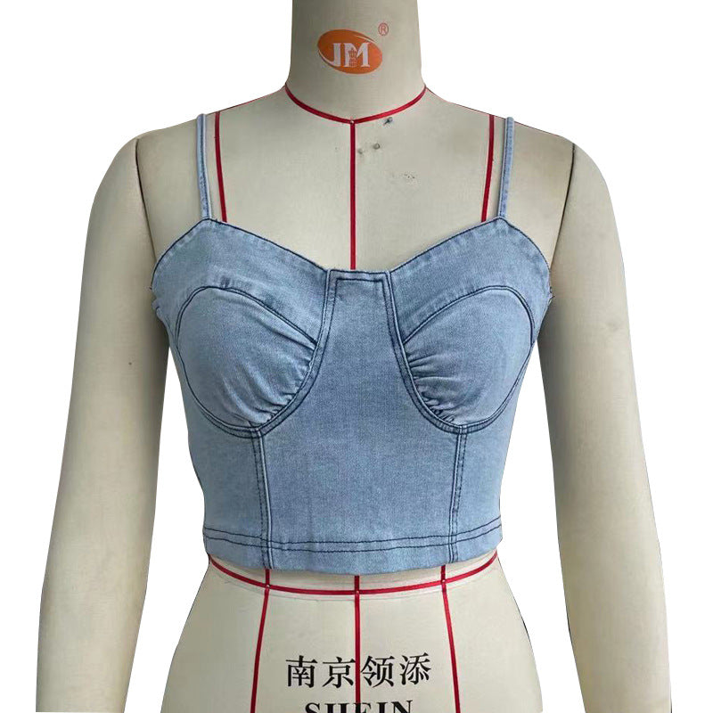 Back Zipper Denim Top Spring Summer Sexy Camisole Body Shaping Tube Top Short Vest