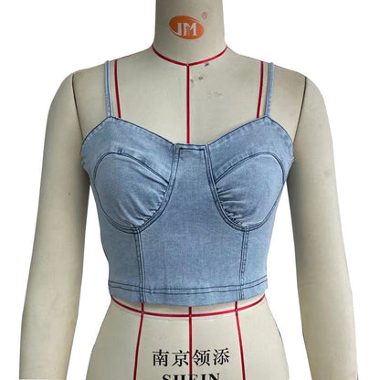 Back Zipper Denim Top Spring Summer Sexy Camisole Body Shaping Tube Top Short Vest