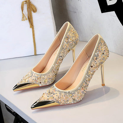 Stiletto Rhinestone High Heels Metal Pointed Women Shoes Low Cut Slip on Crystal Pumps Women Shoes