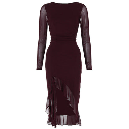 Women Clothing Summer Mesh Long Sleeve Backless Slit Ruffled Dress
