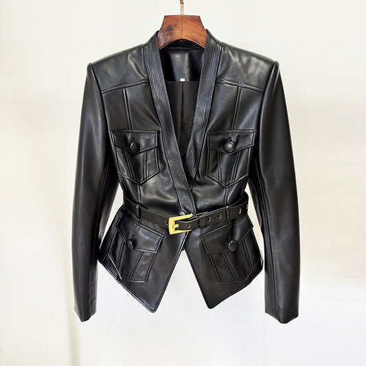 Early Autumn Star Series Belt Slim Fit Leather Jacket Coat