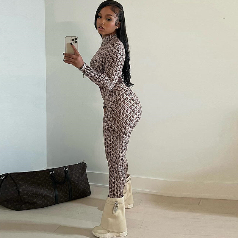 Women Clothing Printed Street round Neck Long Sleeve Trousers Body Pants Fitness Jumpsuit Women