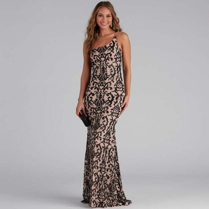 Elegant Sequ Sexy Diagonal Collar Dress Cocktail Evening Maxi Dress