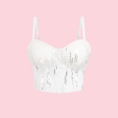 想要性感亮片吊帶內衣，帶襯墊的連體胸部包裹背心