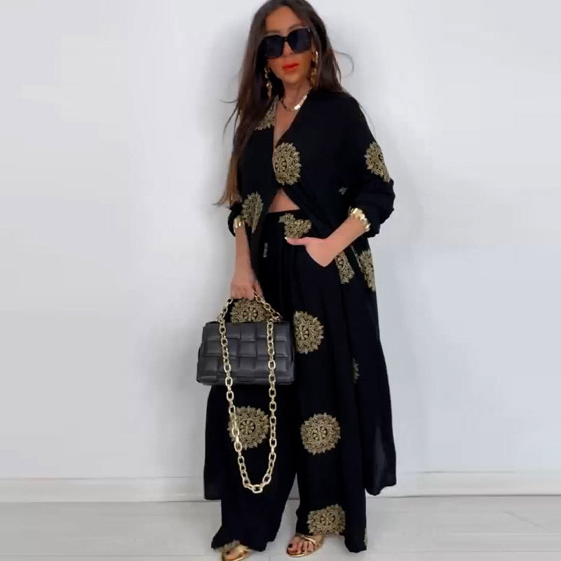 Summer Elegant Sexy V neck Top Printed Wide Leg Pants Two Piece Set