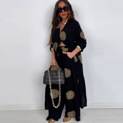 Summer Elegant Sexy V neck Top Printed Wide Leg Pants Two Piece Set