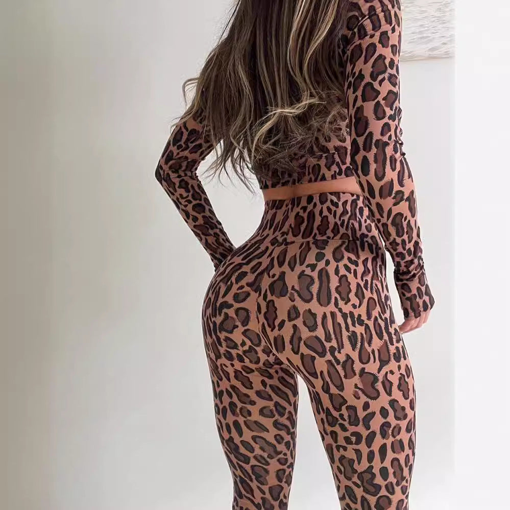 Women Clothing Autumn Stand Up Collar Cinched Cropped Long Sleeve Top High Waist Hip Raise Pants Two Piece Fitness Set