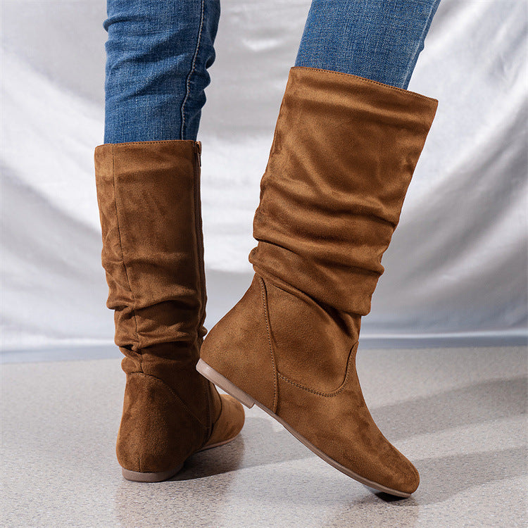 Pleated ide Zipper Flat Casual Women Boots Flat Boots Ankle Boots