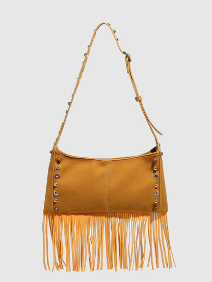 Bolso pequeño cuadrado de gamuza para mujer, bandolera clásica con borlas, bolso de oficina de metal transpirable con agujeros para debajo del brazo. 