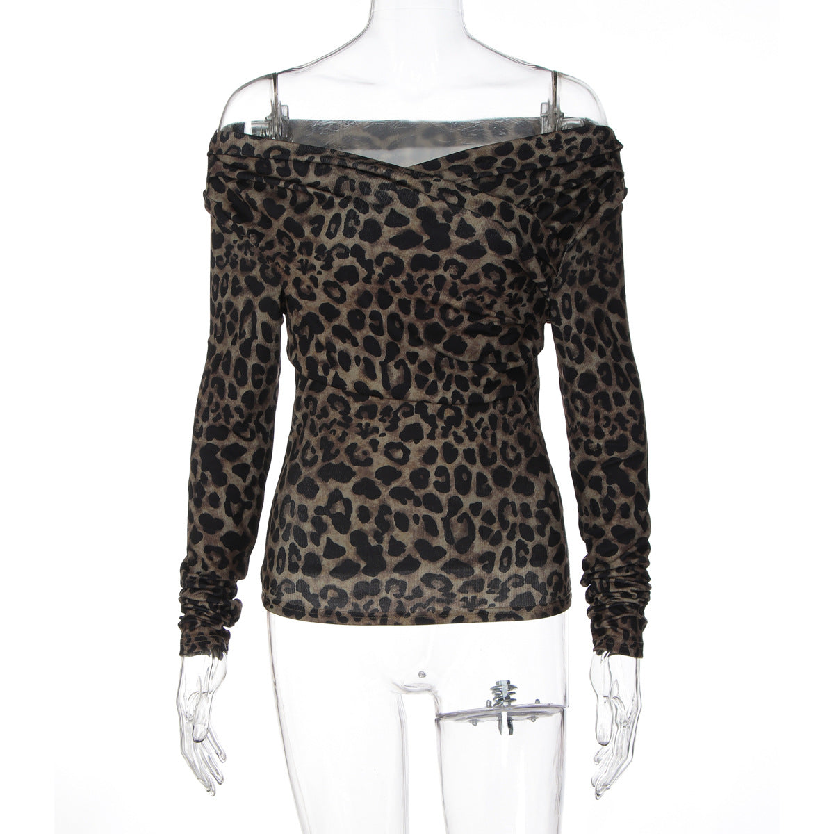 Women Clothing Fall Sexy off Shoulder Leopard Print Slim Fit Sexy Long Sleeve Top