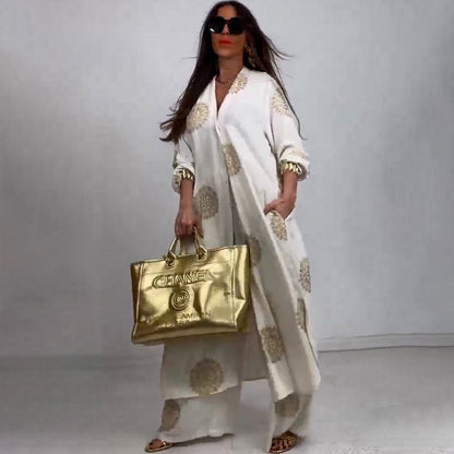 Summer Elegant Sexy V neck Top Printed Wide Leg Pants Two Piece Set