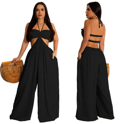 Women Clothing Spring Summer Solid Color Sexy Loose Backless Jumpsuit