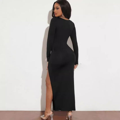 Women Clothing Autumn Square Collar Long Sleeve Solid Color Split Sexy Slim Fit Slimming Dress
