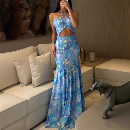 Spring Summer Halterneck Printed Pleated Dress Casual Loose Vacation Dress