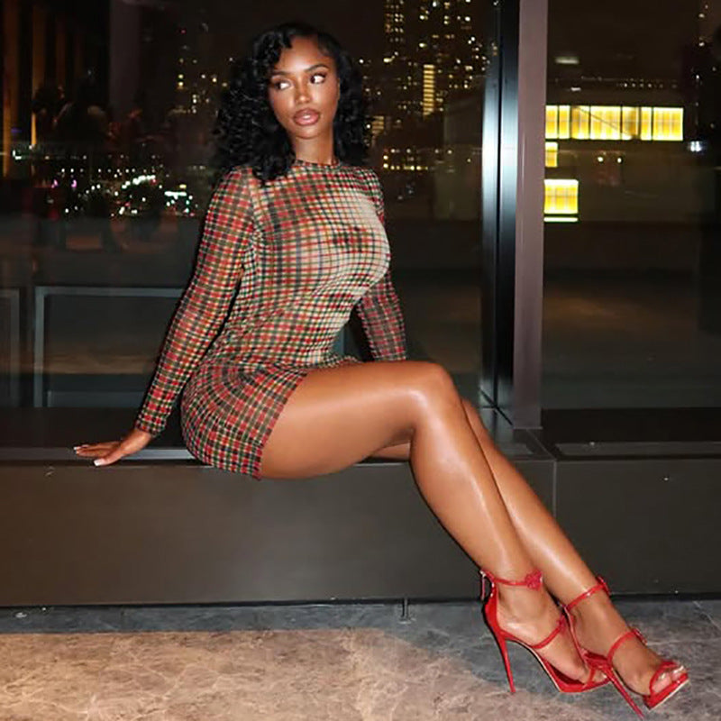 秋季修身印花格紋長袖窄版短裙女裝