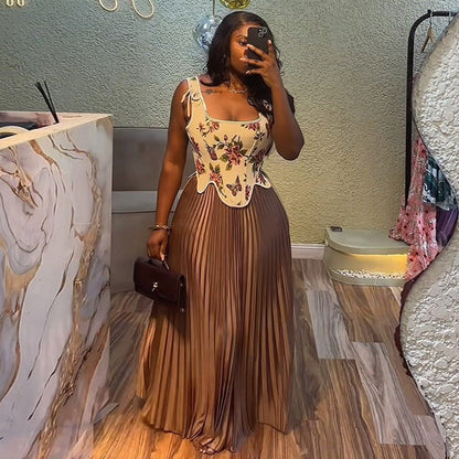 Women Clothing Summer Sweet Printed Waist Controlled Vest High Waist Pleated Skirt Two Piece Sets