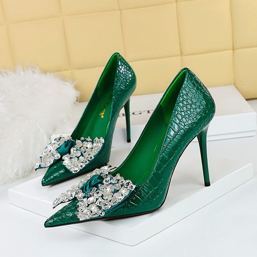 Korean Cocktail High Heels Stiletto Heel Shallow Mouth Pointed Toe Rhinestone Bow Pumps Women