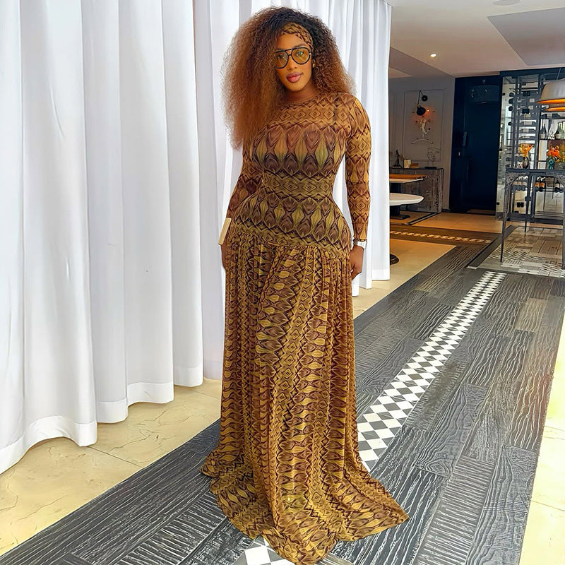 Elegant Retro Women Waist Slimming Micro Transparent A line Printing round Neck Long Sleeved Dress