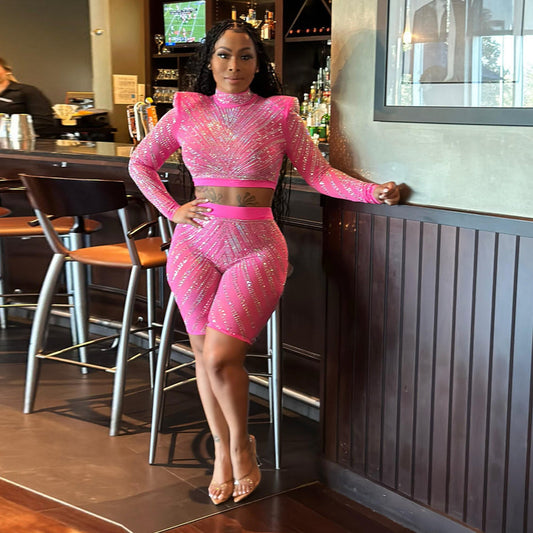 Summer Women Clothing Sexy Tight Mesh See through Long Sleeve Drilling Two Piece Set Rain Pants