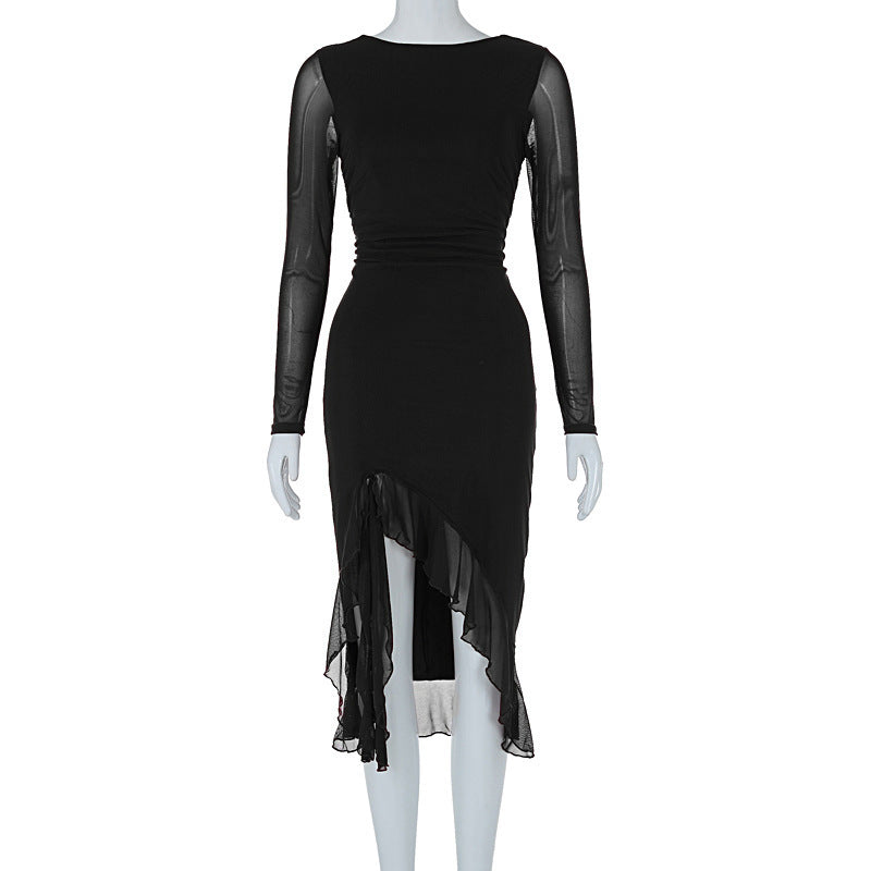 Women Clothing Summer Mesh Long Sleeve Backless Slit Ruffled Dress