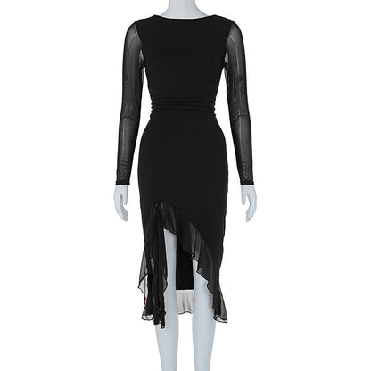 Women Clothing Summer Mesh Long Sleeve Backless Slit Ruffled Dress