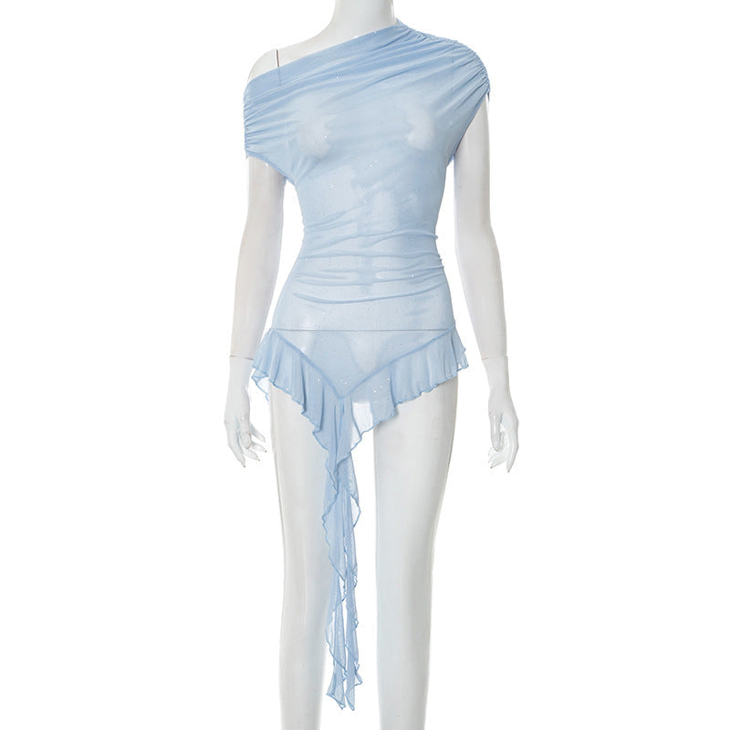 Women Clothing See through Mesh Diagonal Shoulder Short Sleeve Ruffled Ribbon Top