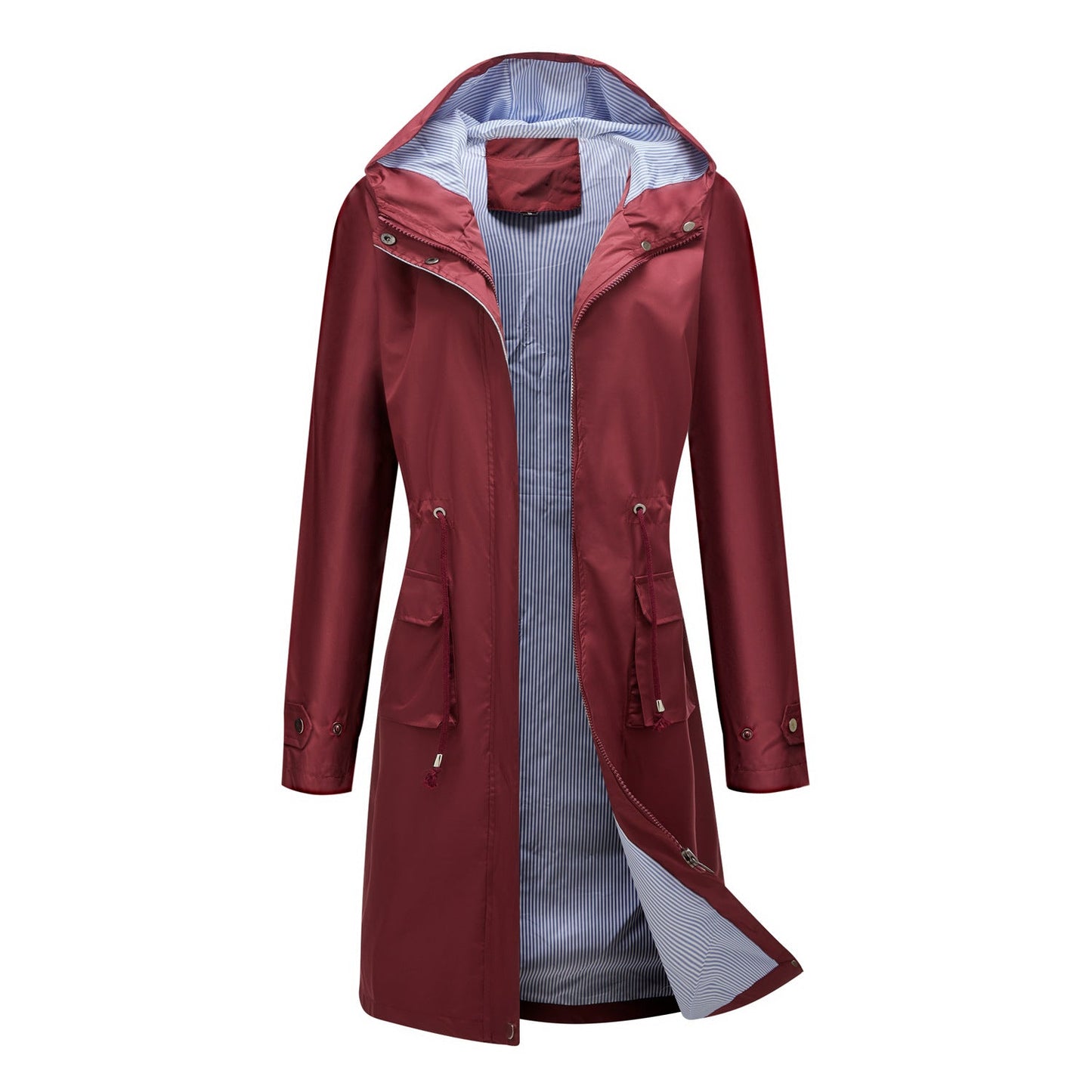 Spring Autumn Long Casual Trench Coat Women Waterproof Hooded Solid Color Top Striped Lining Straight Coat