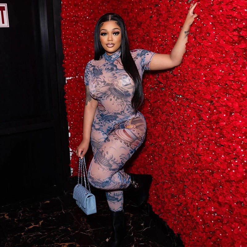 Mono de verano para mujer, sexy, sin espalda, estampado, de malla transparente