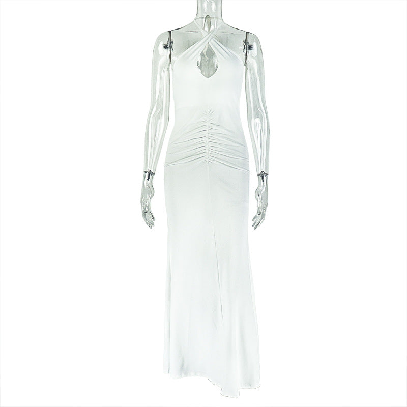 Vestido largo elegante de color liso para mujer, plisado, sin espalda, ajustado, con cuello halter cruzado